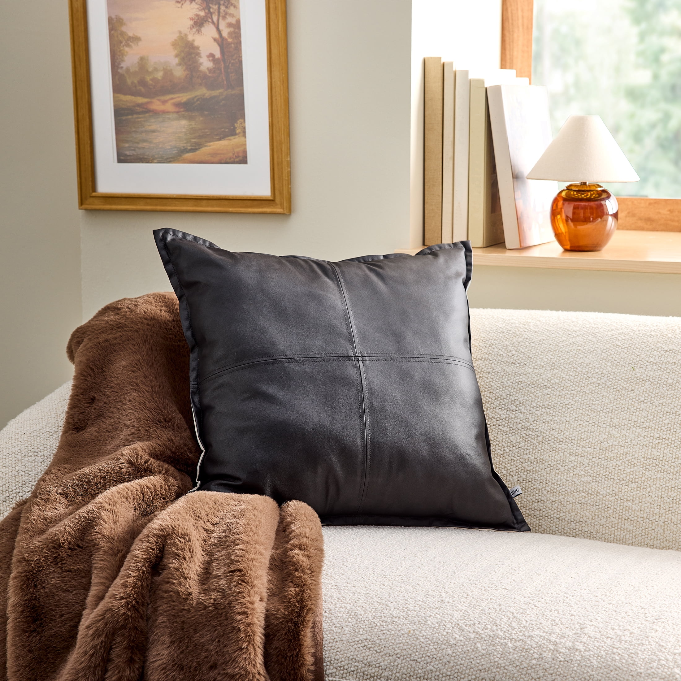 Better Homes & Gardens 20" x 20" Black Vegan Leather Decorative Pillow Cover