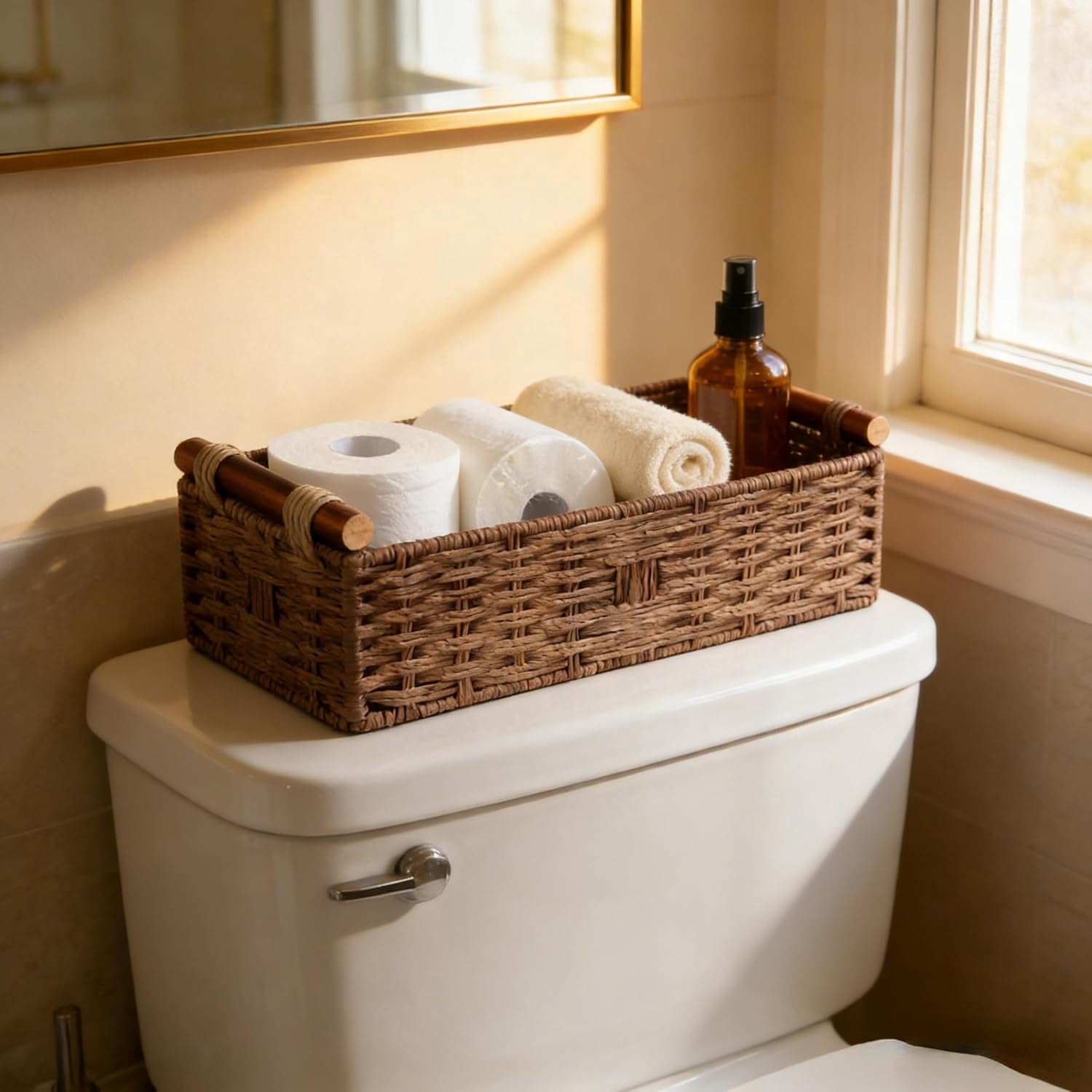 RGHJAR-Back of Toilet Basket with Wood Handles, Brown Wicker Toilet Paper Basket for Toilet Tank Top, Narrow Toilet Tank Basket, Bathroom Basket Organizer for Wipes & Essentials