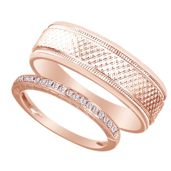 Rounds Cut White Natural Diamond His And Hers Wedding Band Set in 14K Rose Gold (0.13 Cttw)