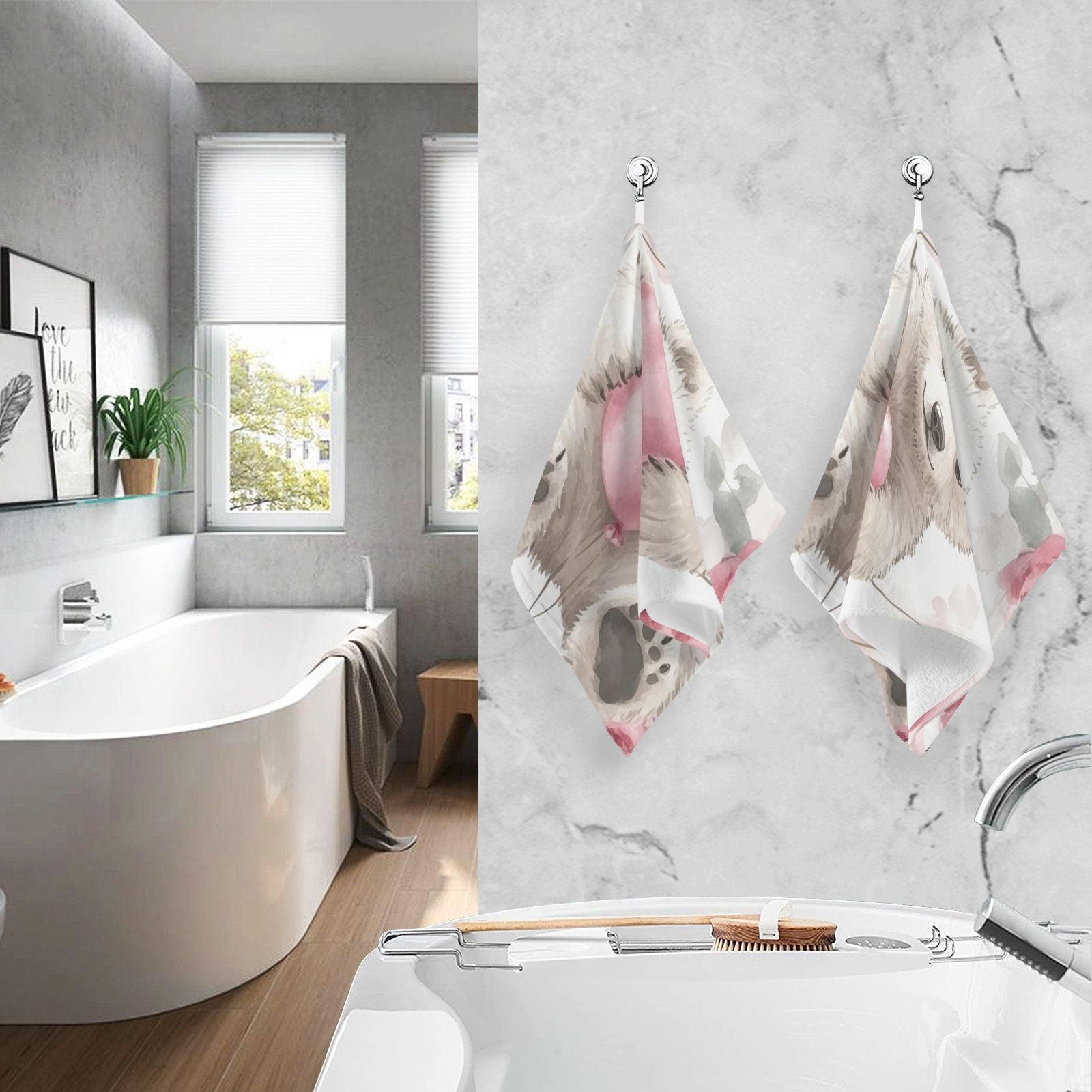 White Bear Floral Hand Towels Cotton Bath Towels Large Face Towels Absorbent for Bathroom 2 Packs