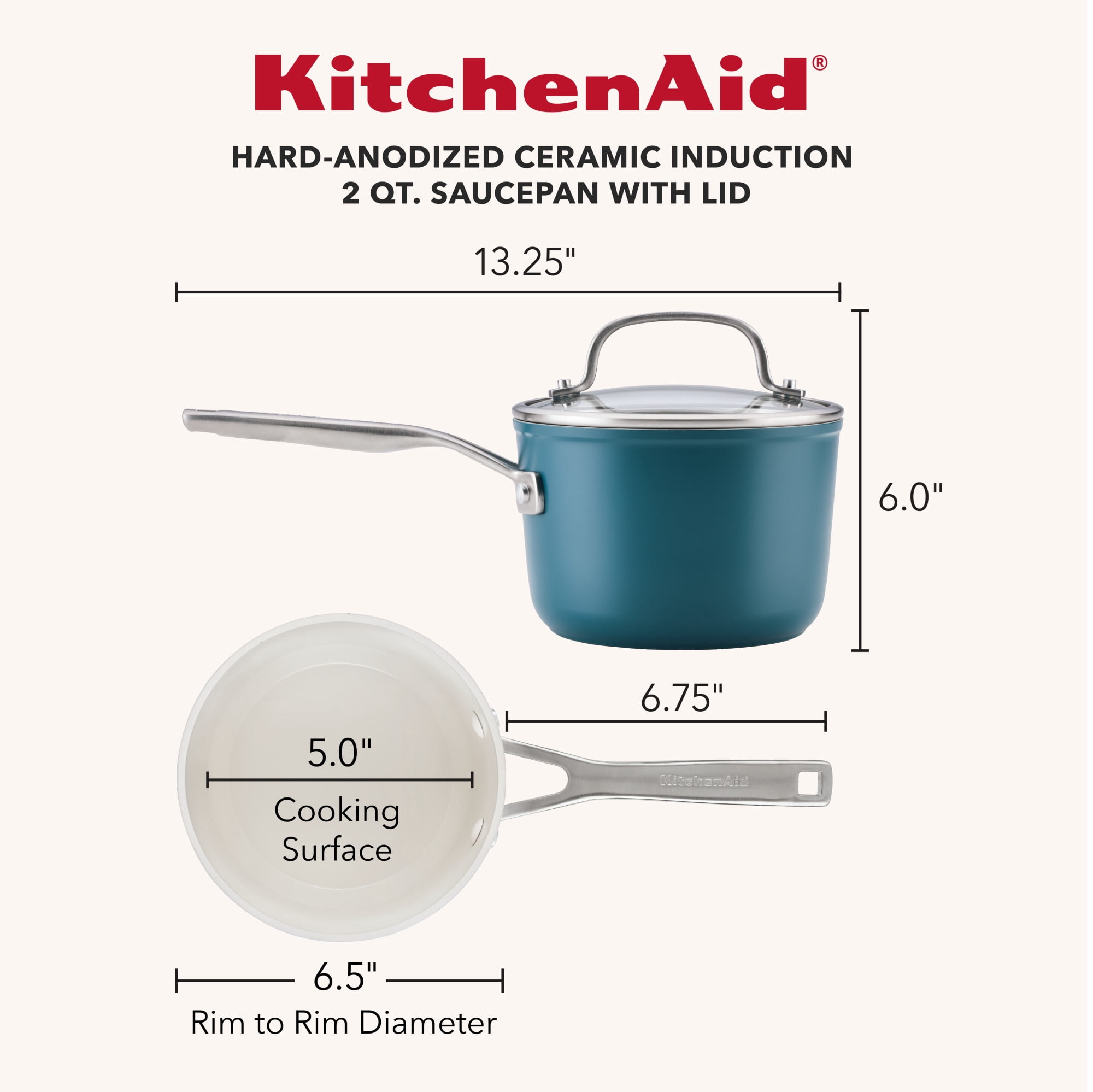 KitchenAid Hard-Anodized 2 Quart Ceramic Induction Saucepan with Lid, Dishwasher Safe and Oven Safe to 500°F, Agave Blue
