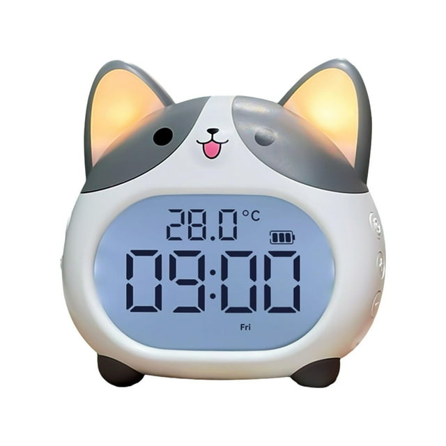 Reloj despertador Corgi para niños, luz nocturna, multifuncional, doble alarma, reloj de mesa. gris