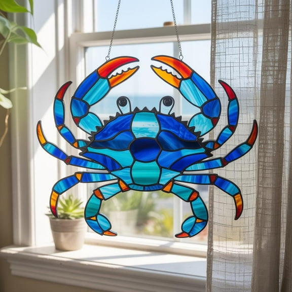 Blue Crab Acrylic Suncatcher Coastal Window Decor, Beach House Ornament, Sea Animal Hanging Art, Nautical Summer Ornament