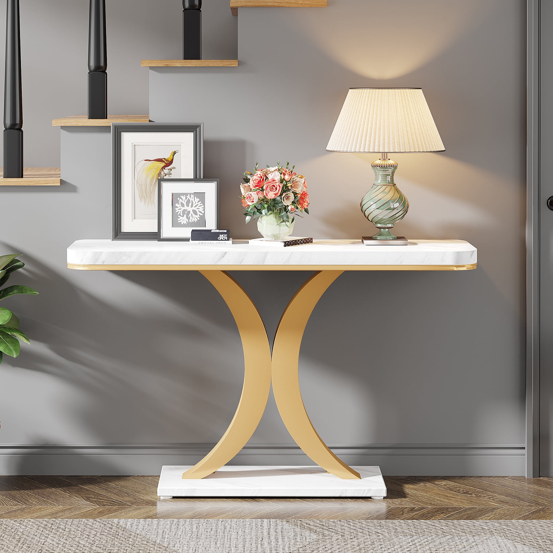 Tribesigns Modern Narrow Entryway Console Table, 40 inch Small Entryway Table with Geometric Metal Base for Living Room, Hallway and Foyer,White & Gold