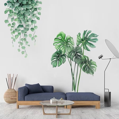 Large Green Tropical Jungle Leaves Wall Decals Palm Tree Leaf Plants Wall Stickers DIY Peel and Stick Removable Monstera murals Leaf Window Stickers for Kids Bedroom Nursery Living Room Decoration