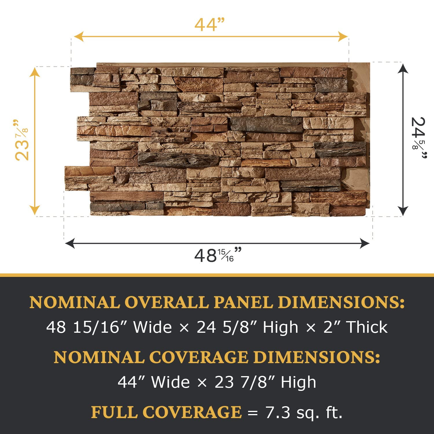 Faux Stacked Stone 3D Textured Wall Panel | Sedona | 48''L x 24''H x 2''D | 1 Panel | Cognac Brown
