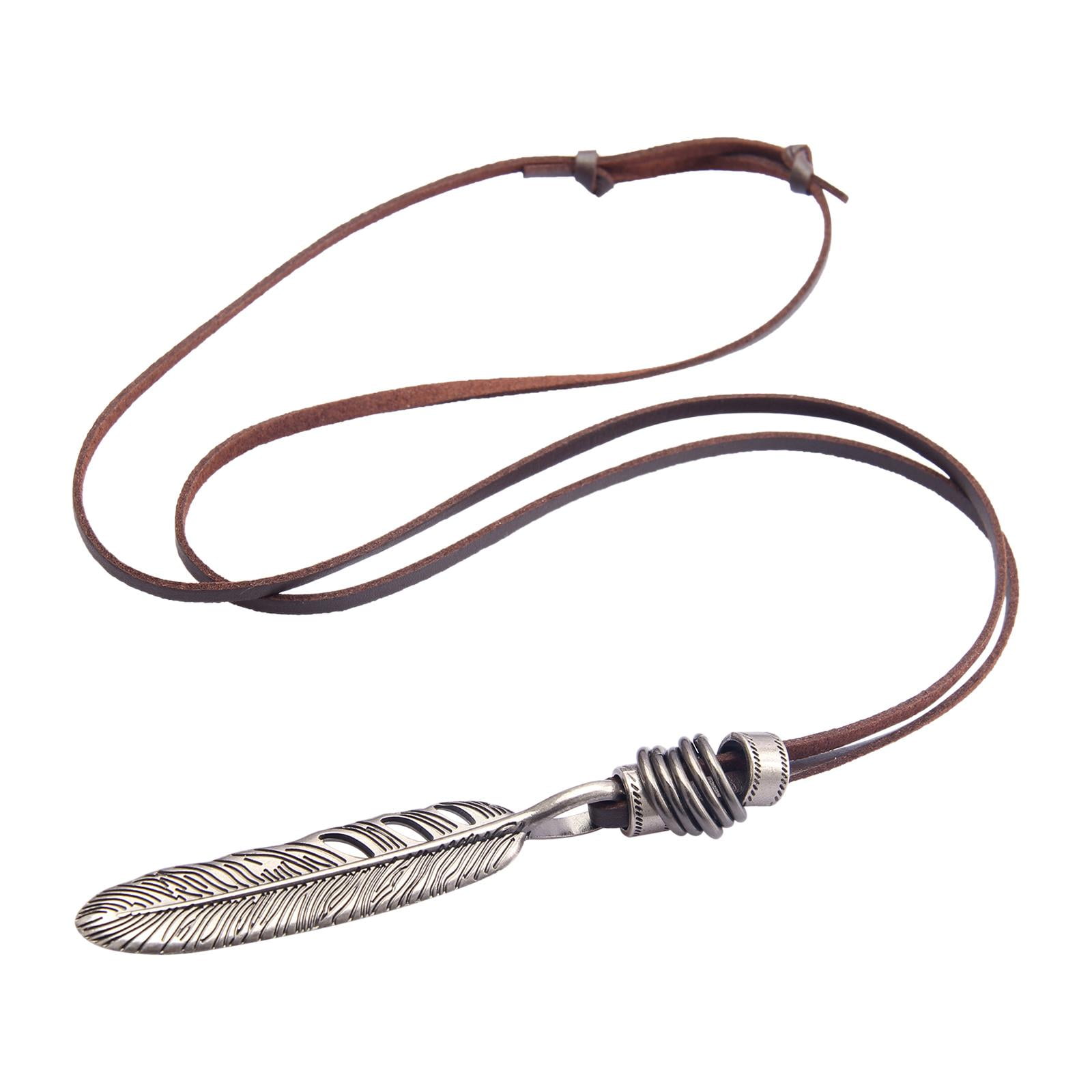 1pc Special Metallic Feather Shaped Pendant Wax Rope Necklace For Men