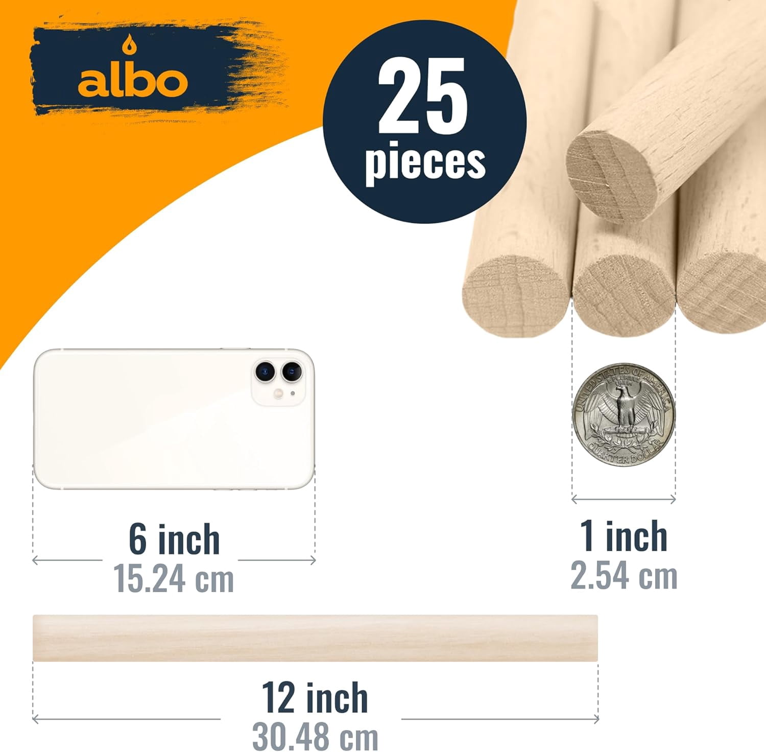 ALBO Wooden Dowel Rods - 25 Pack Birch Hardwood Round Dowel for Crafts, Furniture, DIY Projects
