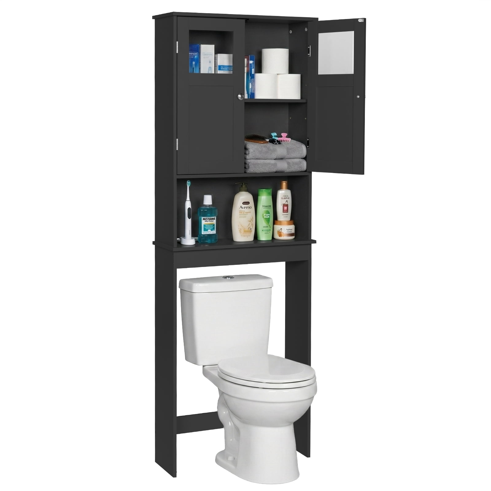 2-Door 3-Tier Toilet Cabinet MDF Melamine-Faced Bathroom Vanity, Black 23.23*8.66*66.93in