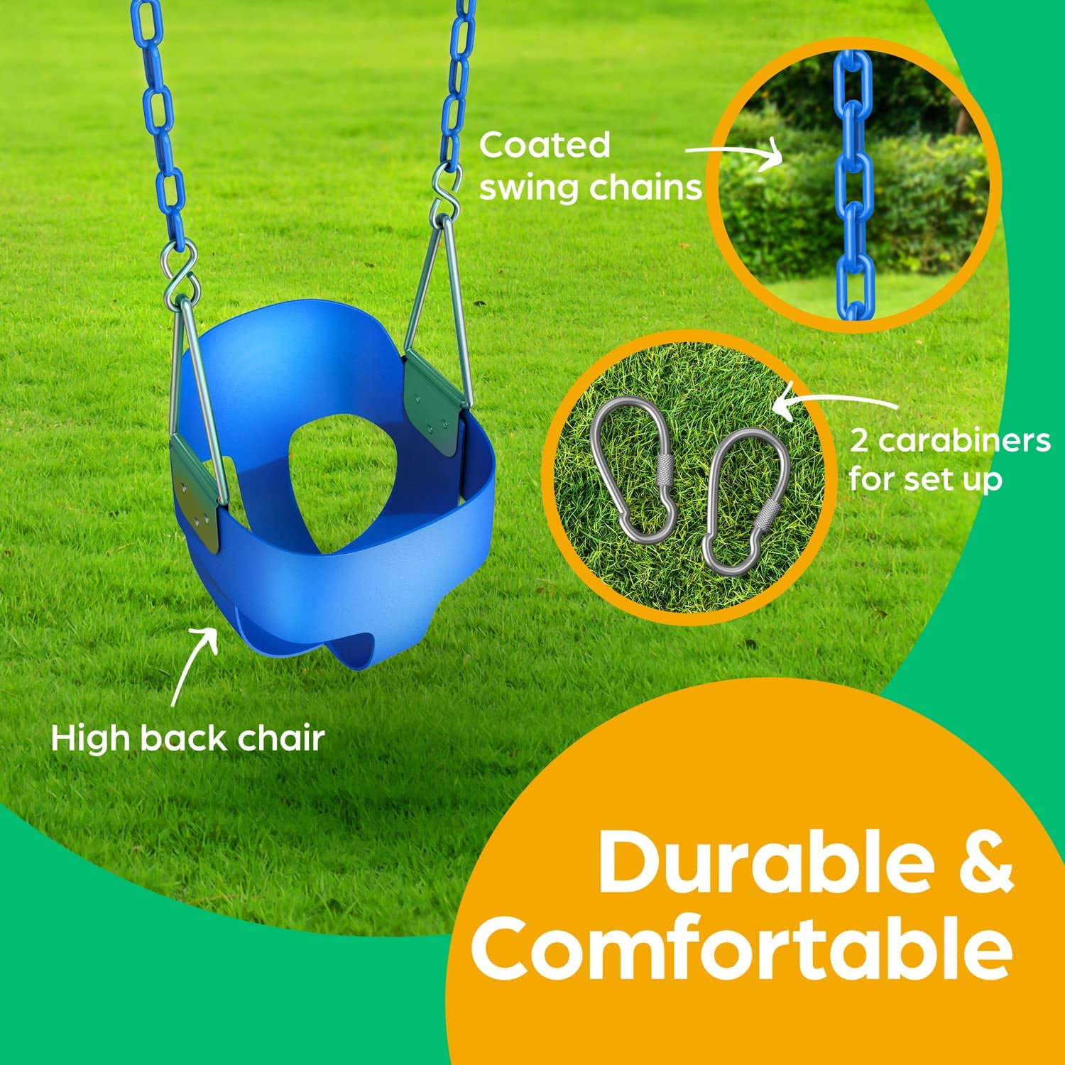 Jungle Gym Kingdom Toddler Swing; Heavy Duty, High Back, Full Bucket Baby Swing Seat with Coated Chains for Outdoor Use; Fully Assembled; Blue