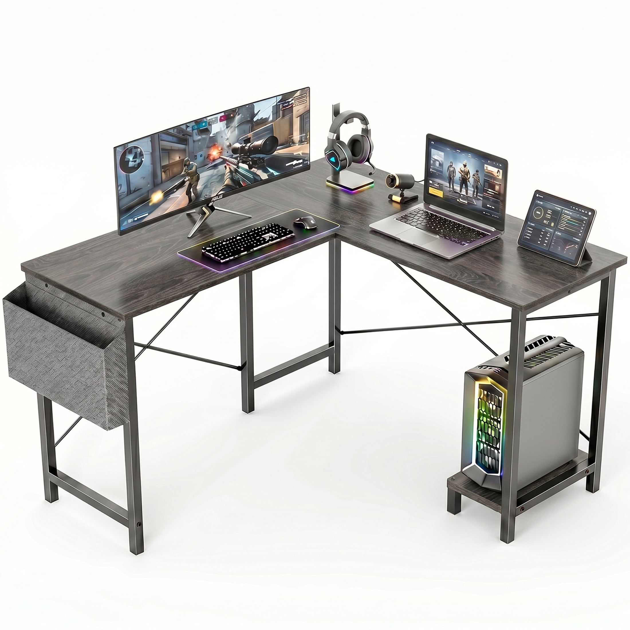 CONCETTA 49 Inch Modern L Shaped Computer Desk with Lower Storage Shelf & Side Bag, Two-Way Convertible Corner Gaming Table for Home Office, Gray