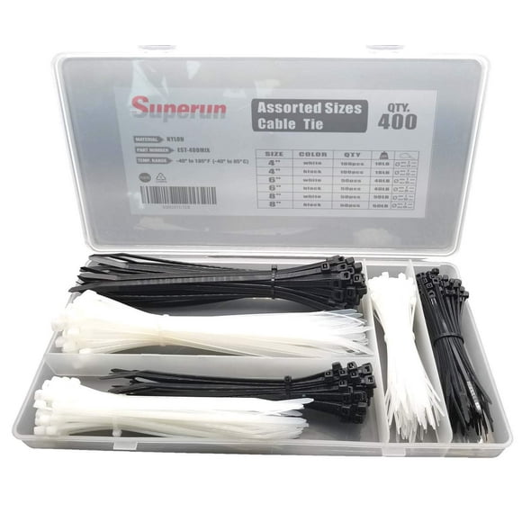 Superun Zip Tie Kit - 400 Pack Zip Ties Assorted Sizes 4 Inch, 6 Inch, 8 Inch Mix Pack in Black & White Wire Ties assortment
