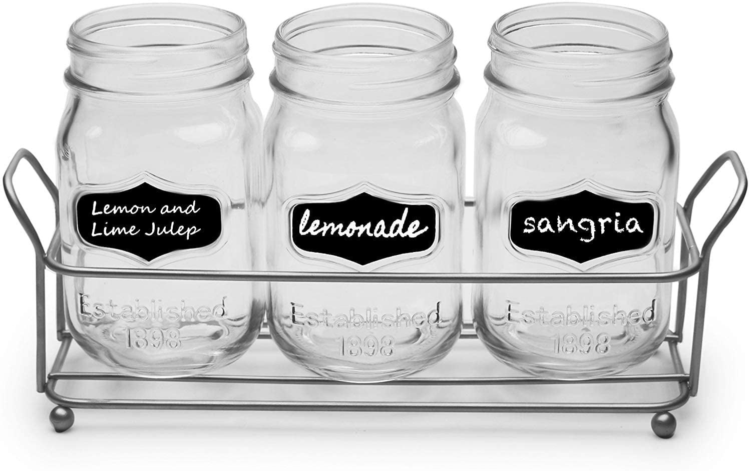 Chalkboard Mason Jar Glasses with Metal Holder Stand, Set of 4, Home & Kitchen Farmhouse Décor Drink Tumblers for Water, Beer and Beverages, 17 oz