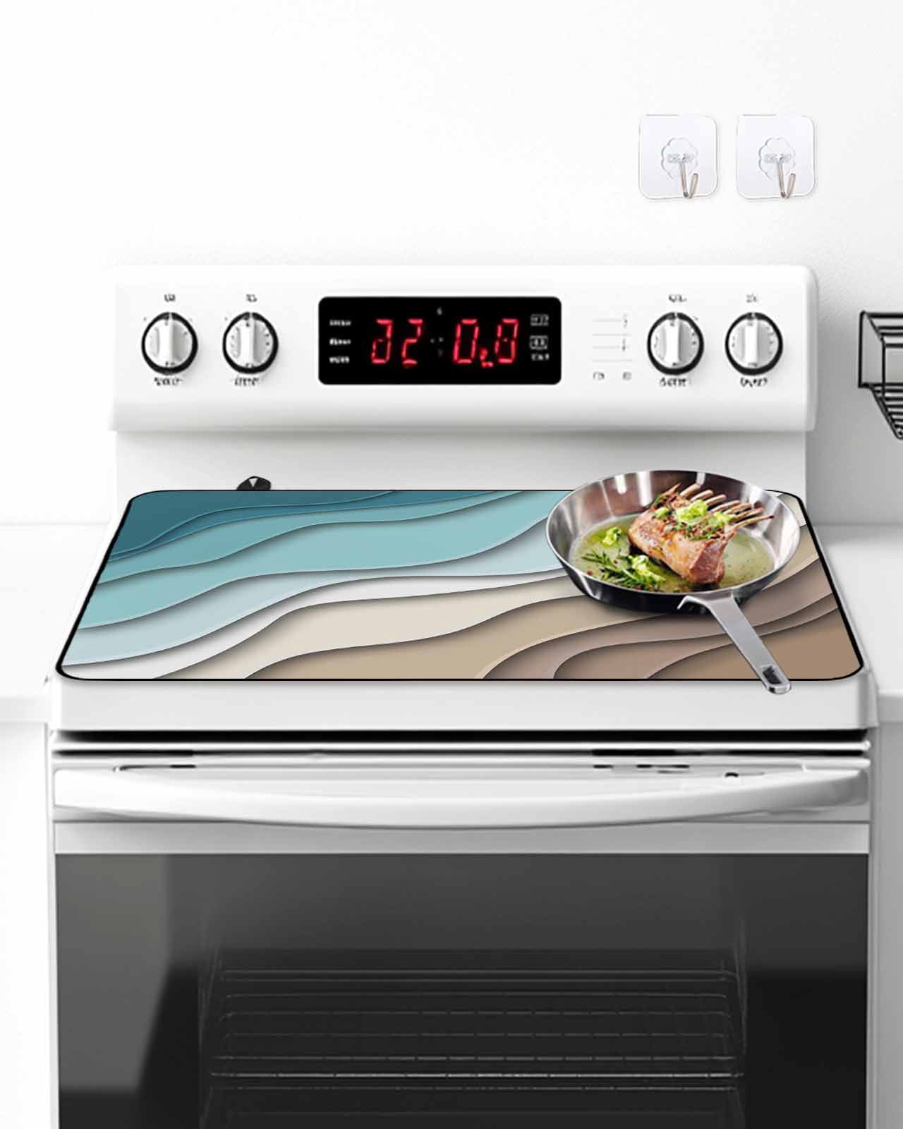 Stove Top Covers for Electric Stove, Teal Blue Ombre Cream Glass Stovetop Cover Protector, Modern Geometric Brown Aesthetic Induction Cooktop Protector Oven Mat for Kitchen Countertop 24"x21"