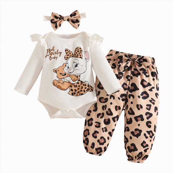 TOWED22 Infant Baby Girl Fall Clothes Print Long Sleeve Romper Pants Headband 3PC Newborn Fall Winter Outfit,6-9 M