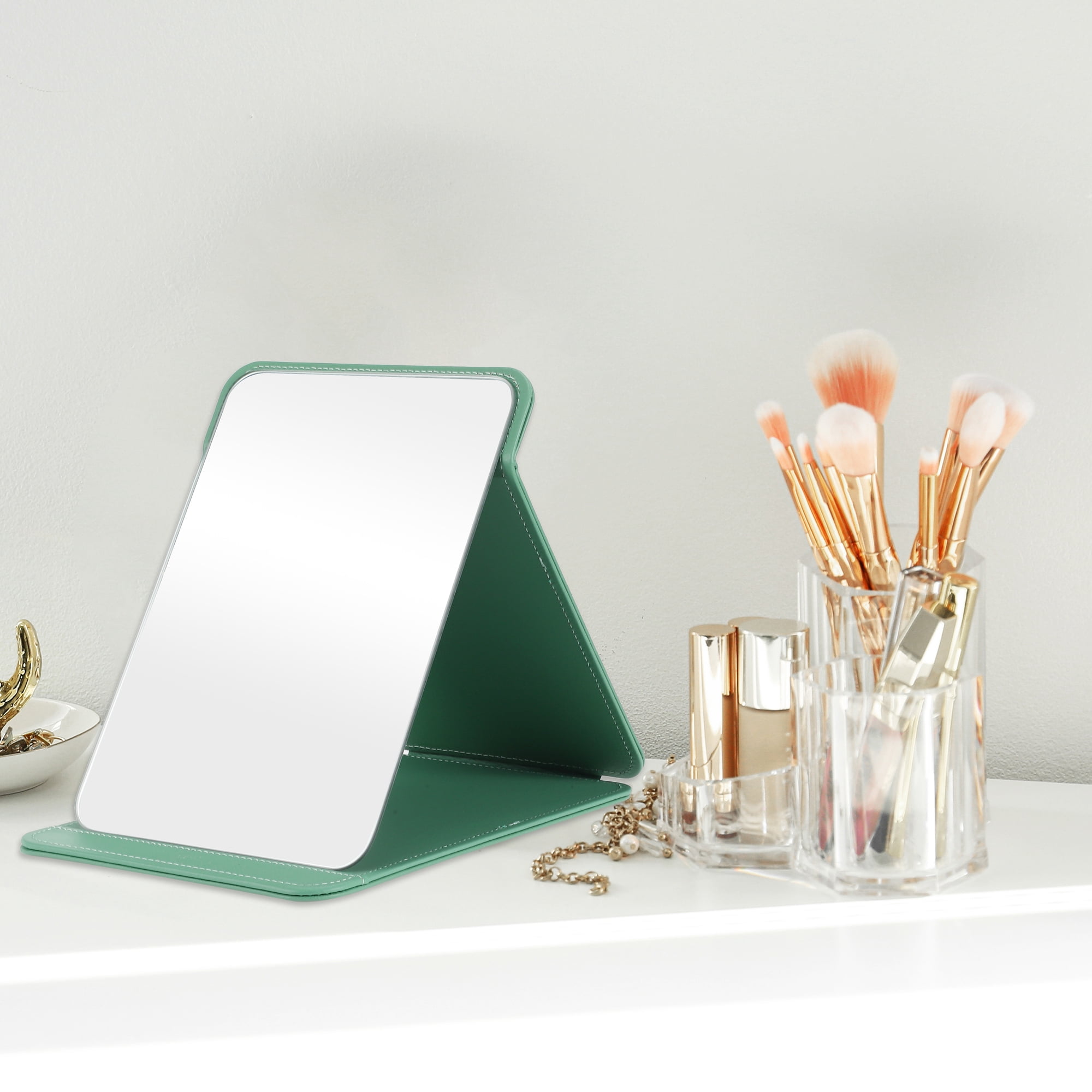 Unique Bargains 1pc Foldable Makeup Mirror for Travel and Vacation Green Extra Large