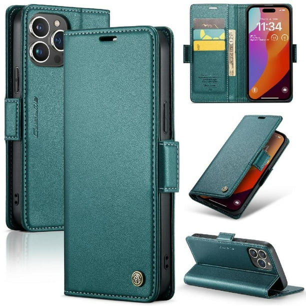 Funda tipo cartera iPhone 15 Pro con cierre magnético, RFID, tarjetero, soporte, carga inalámbrica