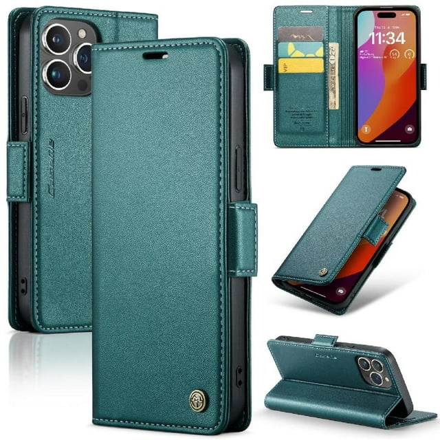 Funda tipo cartera iPhone 15 Pro con cierre magnético, RFID, tarjetero, soporte, carga inalámbrica