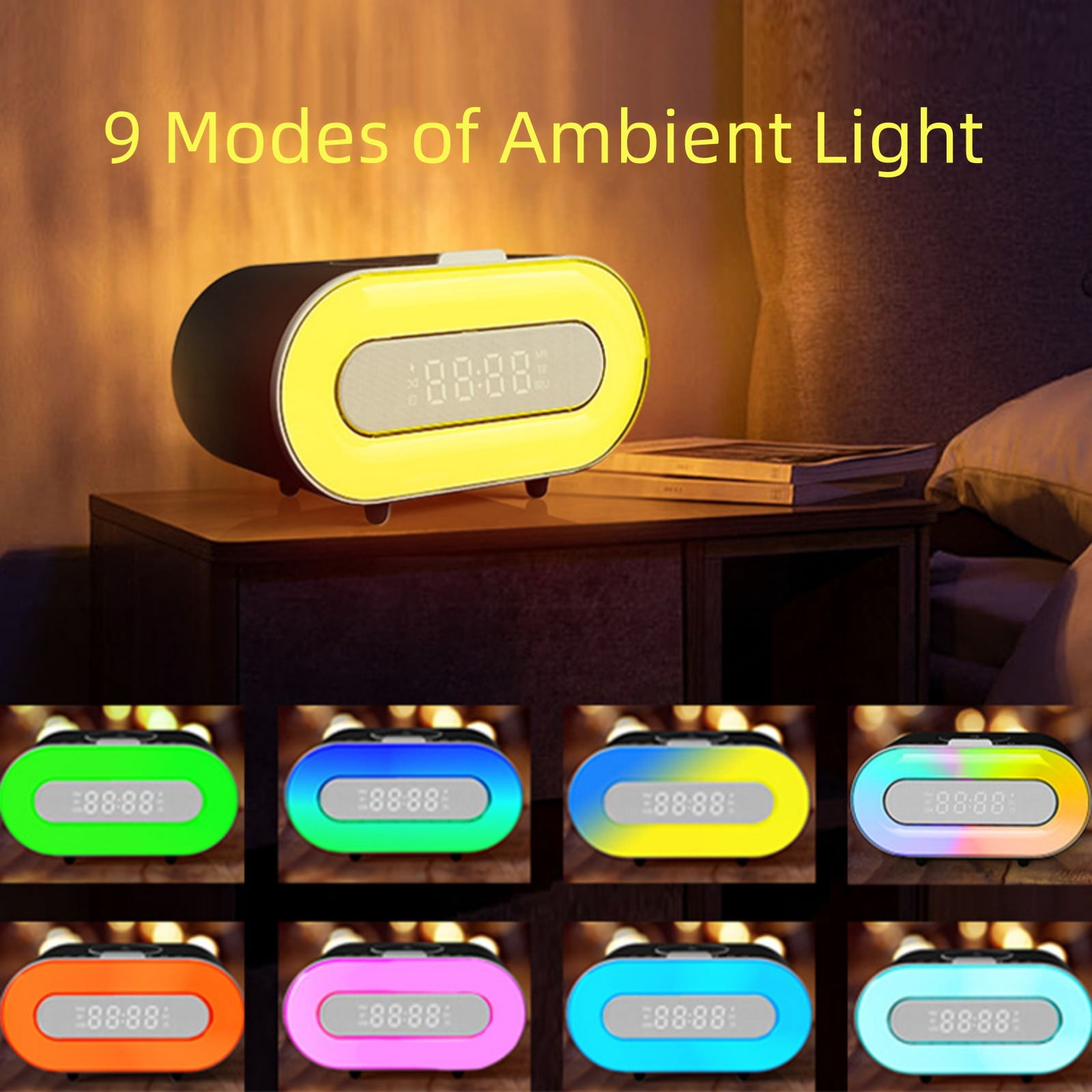 5 in 1 Portable Bluetooth Speaker with Dual Stereo Speakers, 9 Modes RGB LED Atmosphere Lights, 10W Wireless Charging Station with Phone Stand, Dimmable Clock, for Teen Boy Girl Trendy Stuff Gift