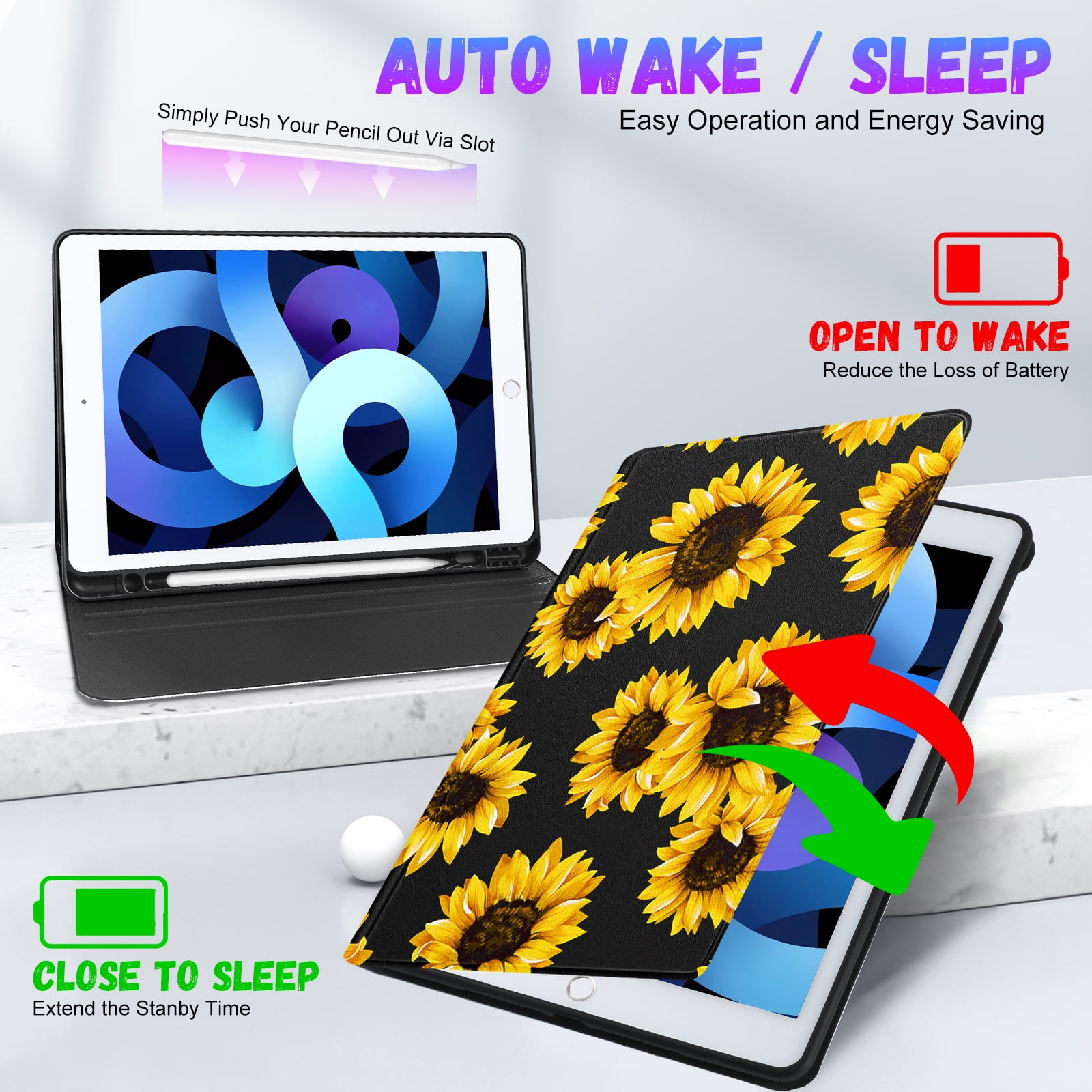 Gemfits Case for iPad 7/8/9 - Flexible Soft TPU Stand Back Cover with Pencil Holder, Auto Sleep/Wake, Sunflower_Leopard