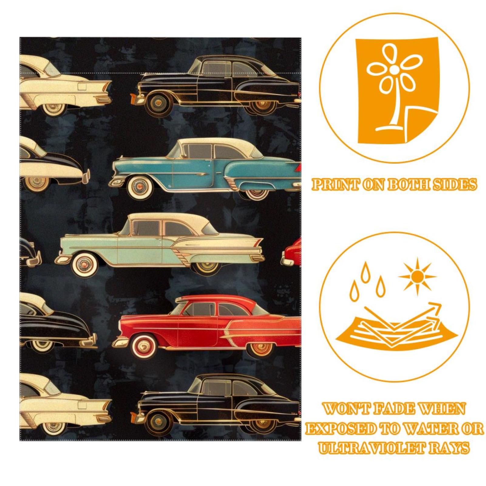 Vintage Cars on Black Background Double Sided Garden Flag Decorative Weather Resistant Yard Flag, Large DIY Vertical Flag for Farmhouse Patio Lawn, 28x40 Inch