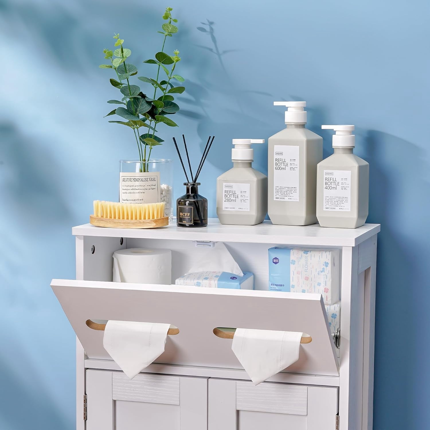 VECELO Bathroom Storage Cabinet, Wooden Floor Cabinet with 2 Doors & Toilet Paper Storage, Accent Cabinet for Living Room,Bedroom, Kitchen, White