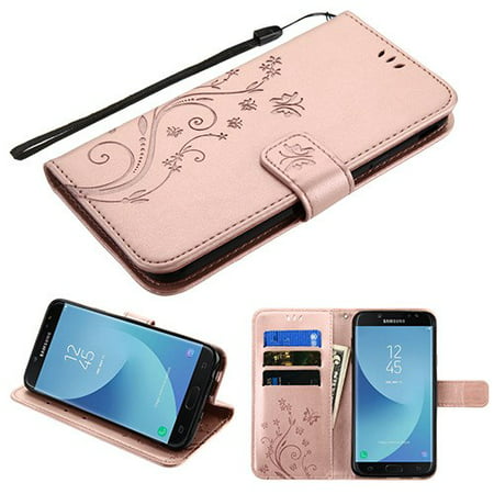 Phone Case for Samsung Galaxy J7 (2018), J737, J7 V 2nd Gen, J7 Refine - Pattern Flip Wallet Case Cover Stand Pouch Book Magnetic Buckle with Hand Strap 3D Butterfly Flower - Rose (Best Protective Case For Moto X 2nd Gen)