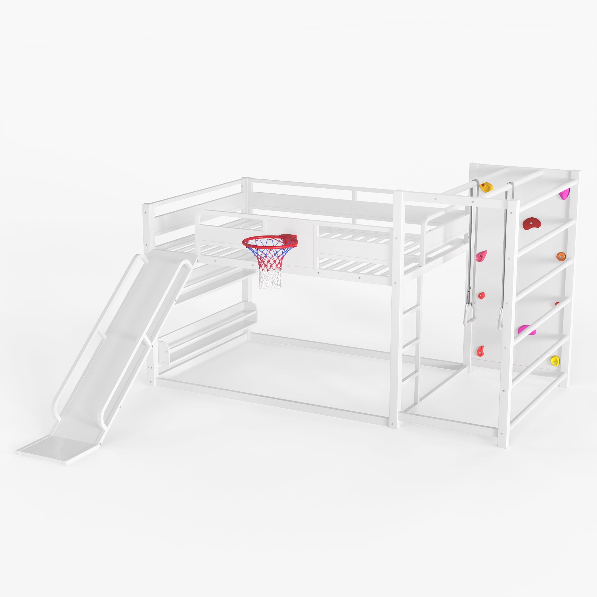 Full Size Loft Bed with Basketball Hoop, Pull-up Rings and Climbing Wall, Metal Loft Bedframe with Bulit-in Bookshelves, Kids Playhouse Bed with Slide for Boys Girls