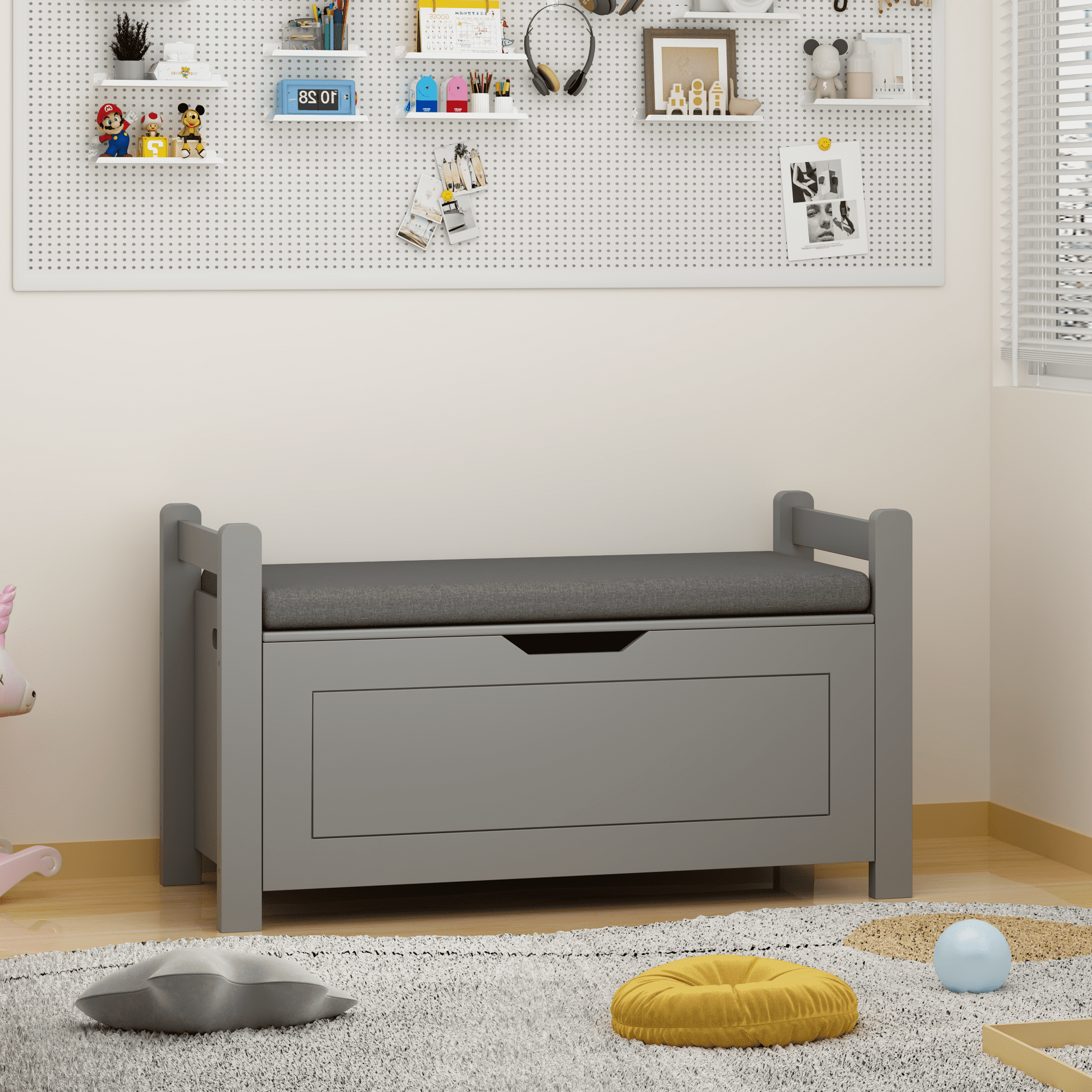 Kids Toy Box Chest for Boys Girls, Large Storage Cabinet with Cushion Seat Bench/ Flip-Top Lid/ Safety Hinge, Toy Storage Organizer Trunk for Nursery, Playroom (Gray)
