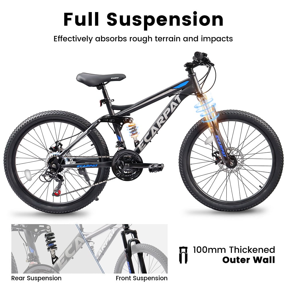 A2460 Mountain Bike 24 Inch Wheels, 21-Speed Full Suspension Mens Womens Trail Commuter City Mountain Bike, High Carbon Steel Frame Disc Brakes Grip Shifter Front Fork Rear Shock Absorber Bicycles