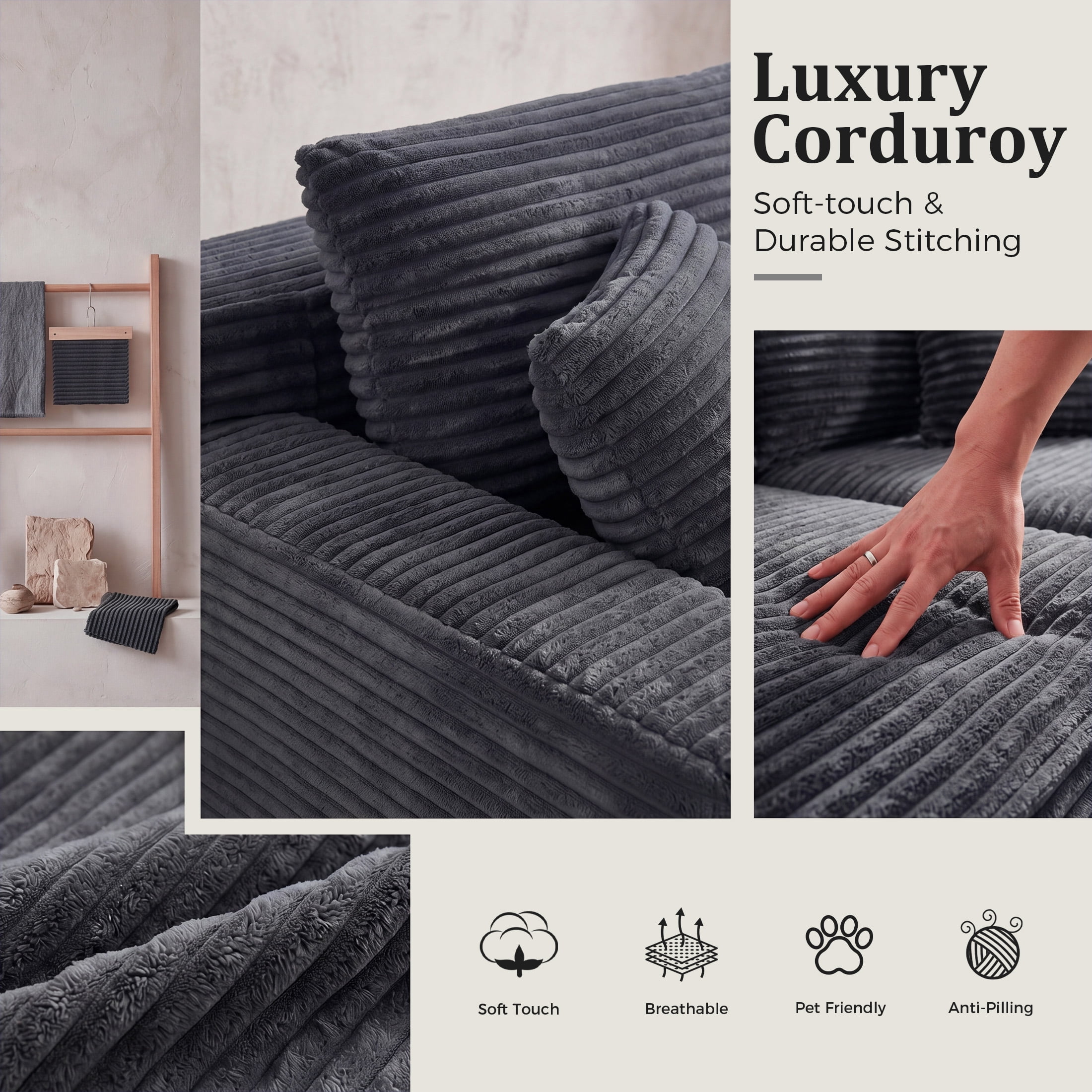 Aenkyo 95 Inch Corduroy L-Shaped Modular Sectional Sofa, Right Chaise, Gray