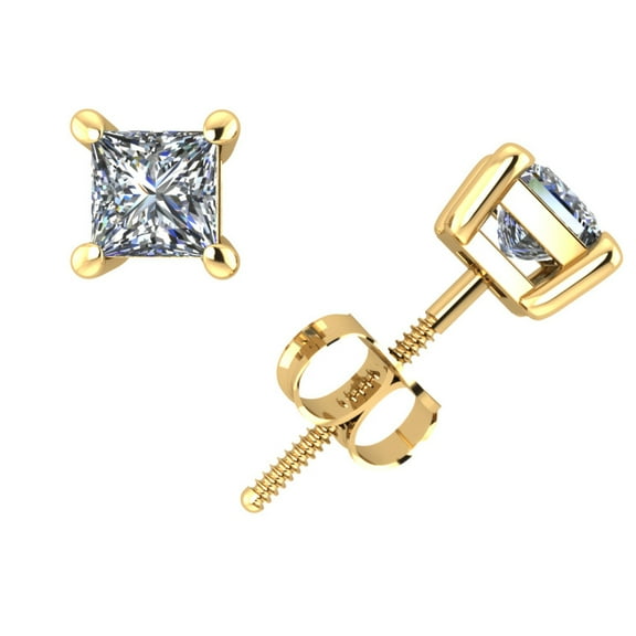 Real 0.50Ct Princess Cut Diamond Basket Stud Earrings 14k Yellow Gold 4Prong K I2