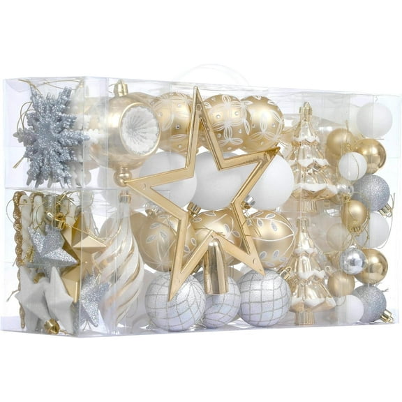 Valery Madelyn 100ct Christmas Ornaments Set, White Gold Shatterproof Hanging Tree Ornaments for Holiday Party Decor