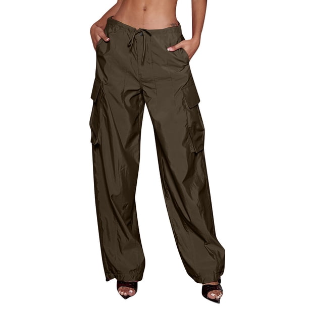Gibobby Pantalones cargo para mujer 2023 Pantalones cargo Mujer Ropa holgada de ajuste relajado Pantalones negros Cintura alta Cremallera Cintura delgada(Marrón,CH)