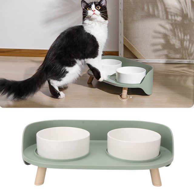 Ceramics Cat Raised Bowls, Slip Resistant Cat Raised Bowls Rounded Bowl Edge Prevent Spill for Eating White,Green
