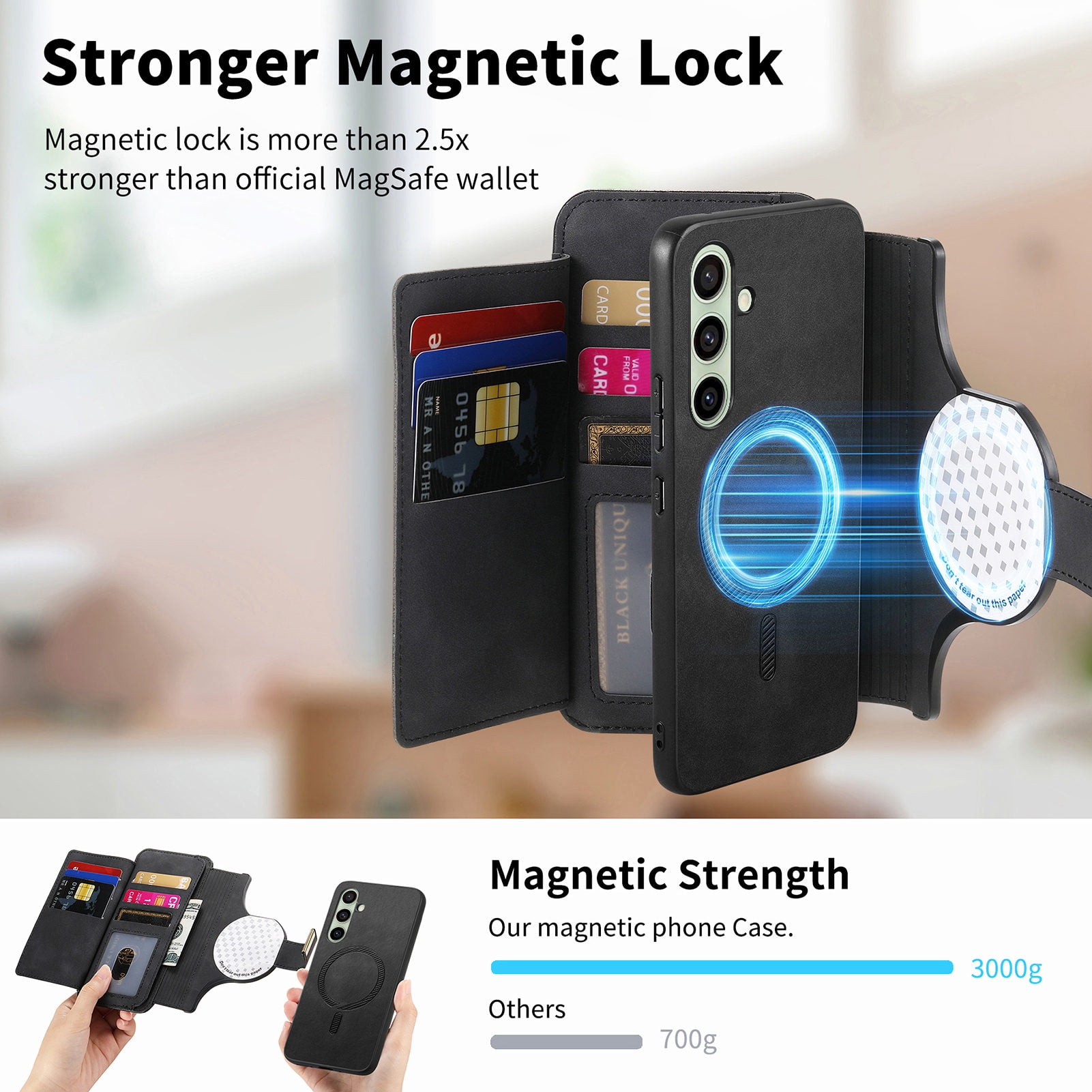 TECH CIRCLE for Galaxy S24 FE 2-in-1 Phone Case 6.7" 2024, Magnetic Back Cover with Removable Flip Wallet Case, with Card Slots/Ring Holder Grip, Compatible with MagSafe, PU Leather Case, Black