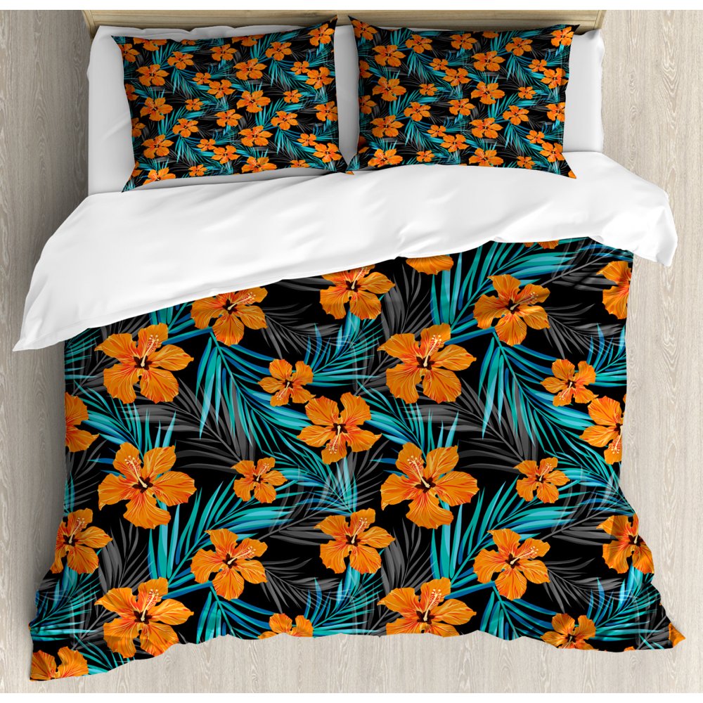 Hawaiian Colors Duvet Cover Set Queen Size, Macro Graphic of Blooming Hawaiian Orange Flowers