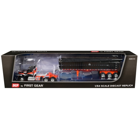 Kenworth W990 Day Cab and MAC Coal End Dump Trailer Black with Orange Graphics 1/64 Diecast Model by DCP/First Gear