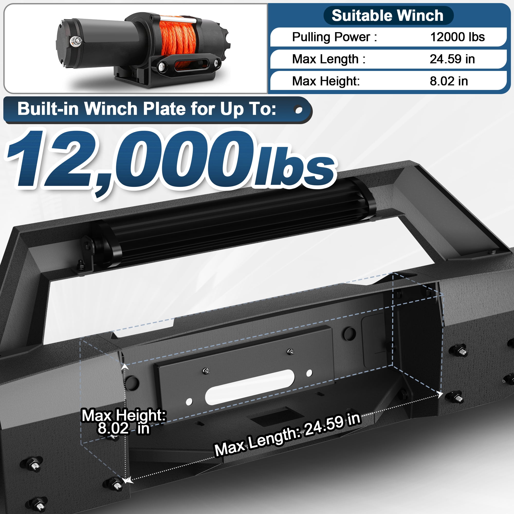 POFENZE Fits 2006 2007 2008 Dodge Ram 1500 Front Bumper Pickup Truck Bumper w/Winch Plate LED Lights