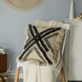 thumbnail image 2 of 16" Handwoven Cotton & Silk Throw Fringed Pillow Cover with Embossed Crossed lines, Black & Natural, 2 of 7
