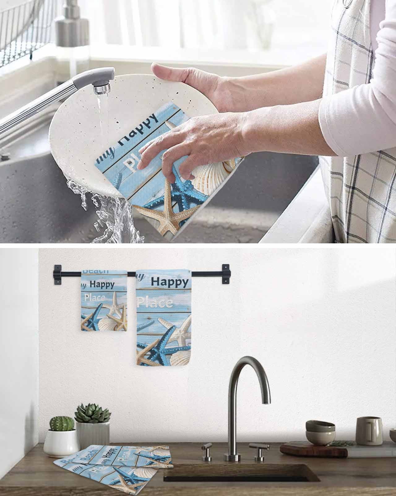 Blue Starfish Coastal Kitchen Dish Towels for Drying Dishes Set of 4, Nautical Shell Summer Beach Vintage Waffle Weave Microfiber Terry Hand Tea Bathroom Towels Quick Dry & Absorbent Towel 12x12