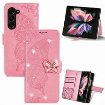 Dteck for Samsung Galaxy Z Fold 3 Case Wallet for Women, Flip Folio Cover with Butterfly Embossed Diamond PU Leathe Stand Card Holder Protective Case with Wrist Strap,Pink