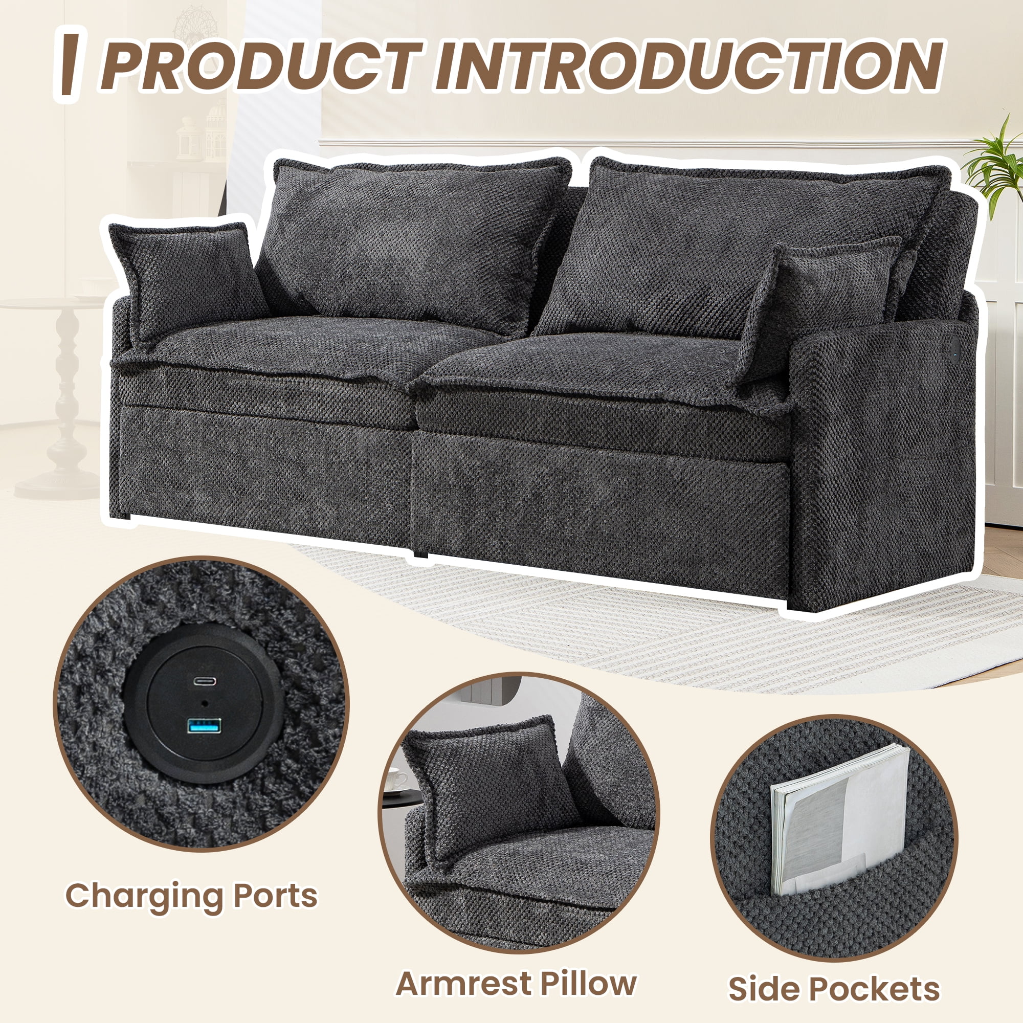 73.6'' Pull Out Sofa Bed, 3 in 1 Convertible Sleeper Loveseat Sofa, Pull Out Couch with USB Charging, Side Pockets for Living Room, Apartment, Small Spaces (Corduroy, Gray)