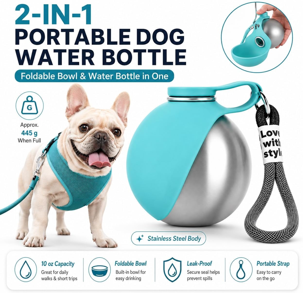 Pawsipus Dog Water Bottle, 10 oz Portable Pawsip Stainless Steel Travel Bottle with Foldable Silicone Bowl, Leak-Proof