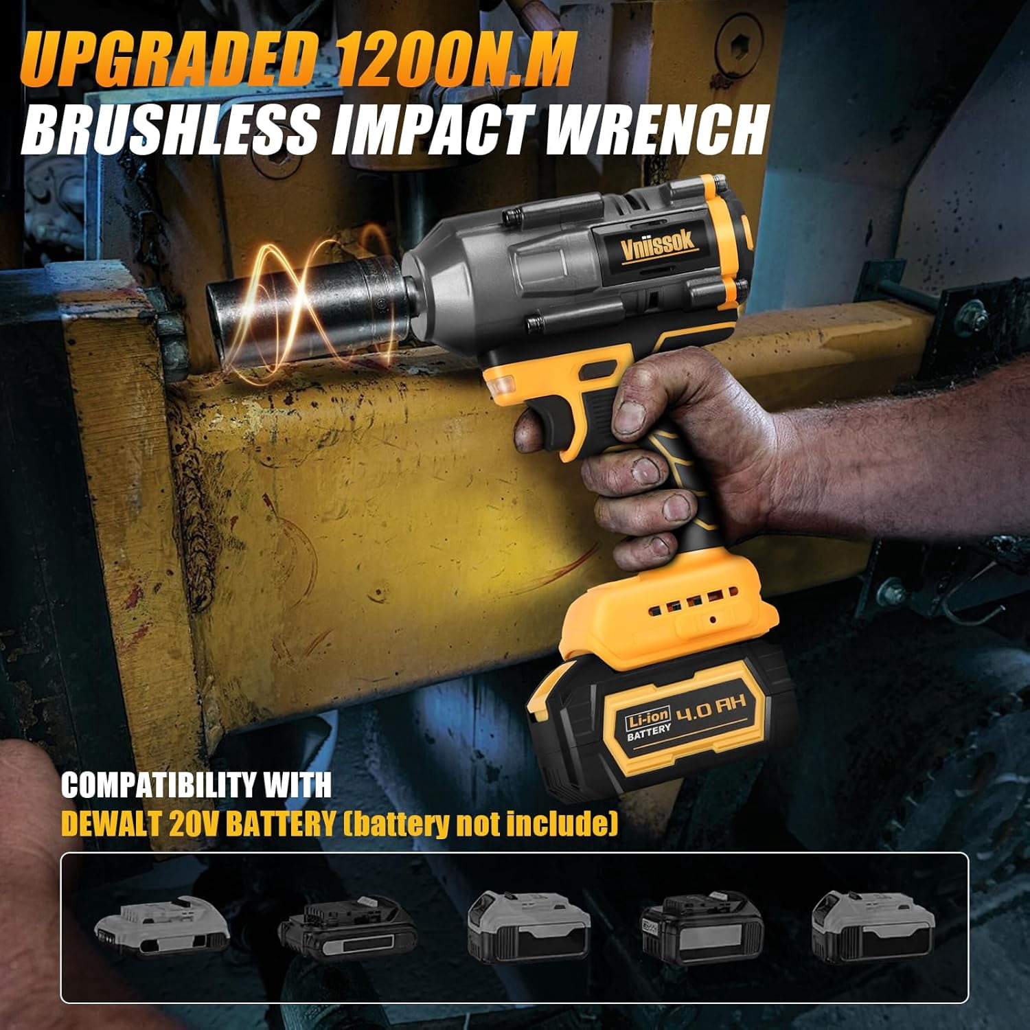 NATBEESY 1/2" Cordless Impact Wrench - Compatible With DeWalt 20V Battery, 1000N.m Torque, Brushless Motor, LED Light (Tool Only)