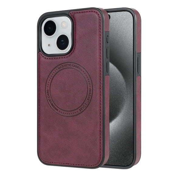 ELEHOLD Case for iPhone 13, Shockproof Slim Magnetic Leather Case, Compatible with MagSafe Accessories,Winered