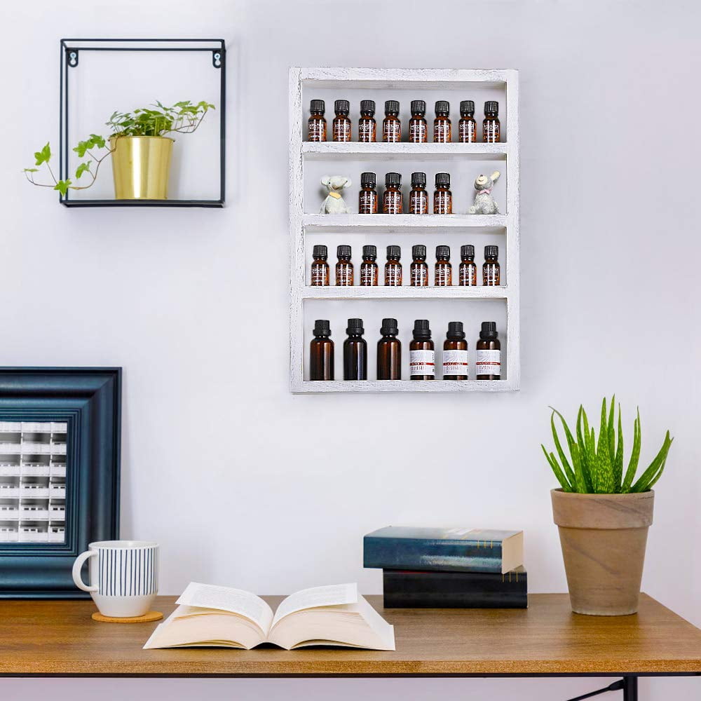 Oumilen Essential Oil Storage, Wall Mounted Wooden Display Shelf Rack for Essential Oils & Nail Polish, Rustic Gray White