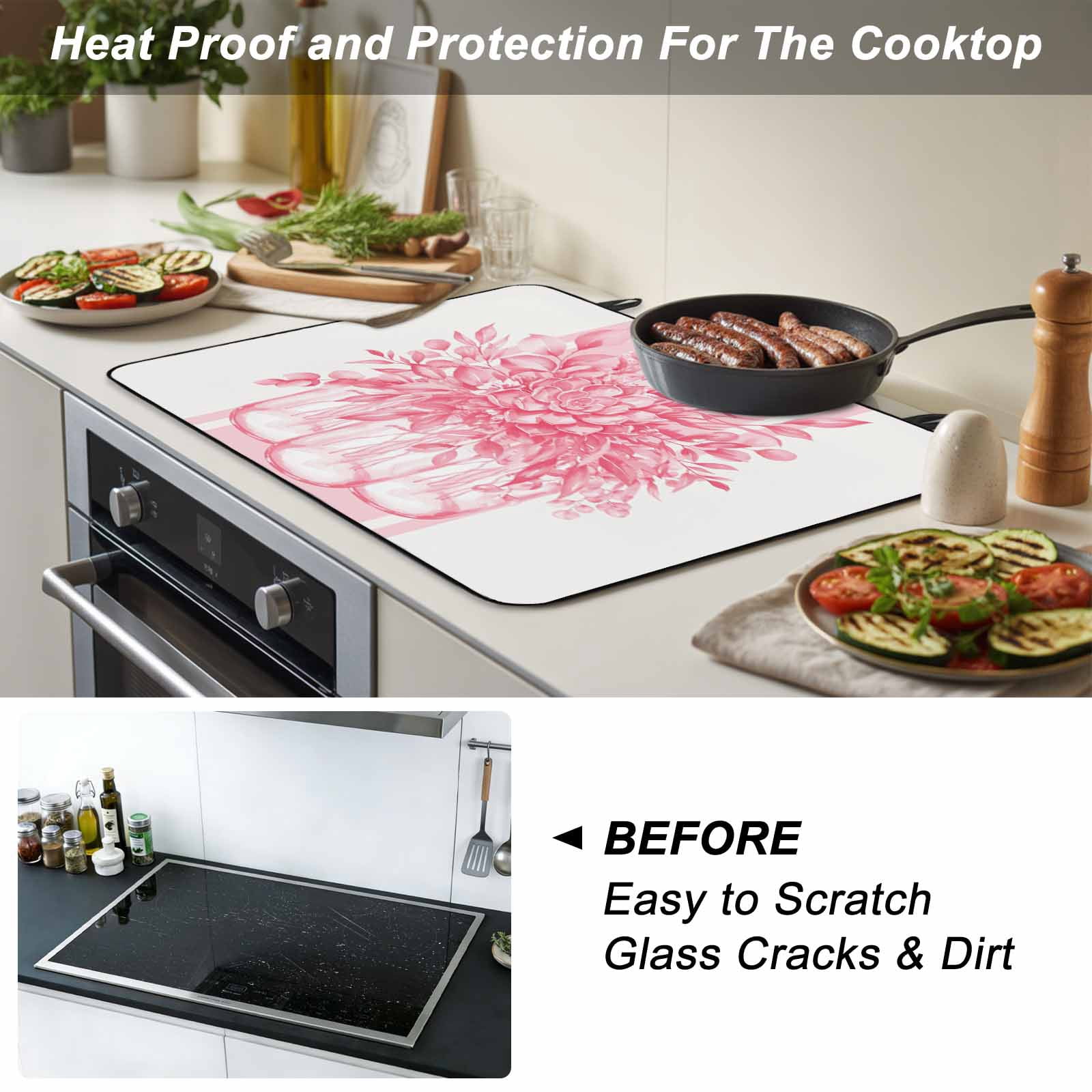 Eucalyptus Pink Stove Top Cover for Electric Stove, Heat-proof & Non Slip Glass Top Stove Cover Protector, Vintage Bottle Succulents Flower Stripes Kitchen Flat Cooktop Rubber Mat 24x21 Inches