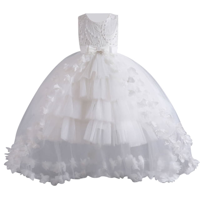 Ashirexll Robe de Fête Sans Manches pour Filles Jupe Tutu en Maille Col Rond Ligne A Robe Formelle pour Spectacle d'Hôte Âge 2-12 Ans Blanc 4 Ans