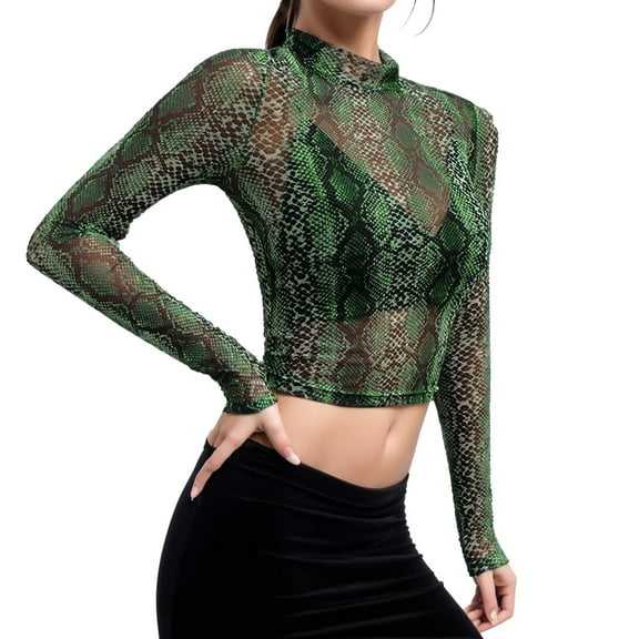 HNMKIU Green Cropped T Shirts for Women Short Mesh Net Top with Animal Skin Print Long Sleeve Fashion Blouse for Women Green,L